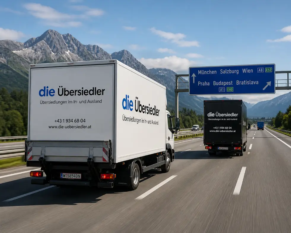 Auslandsumzug — LKW-Flotte auf der Autobahn