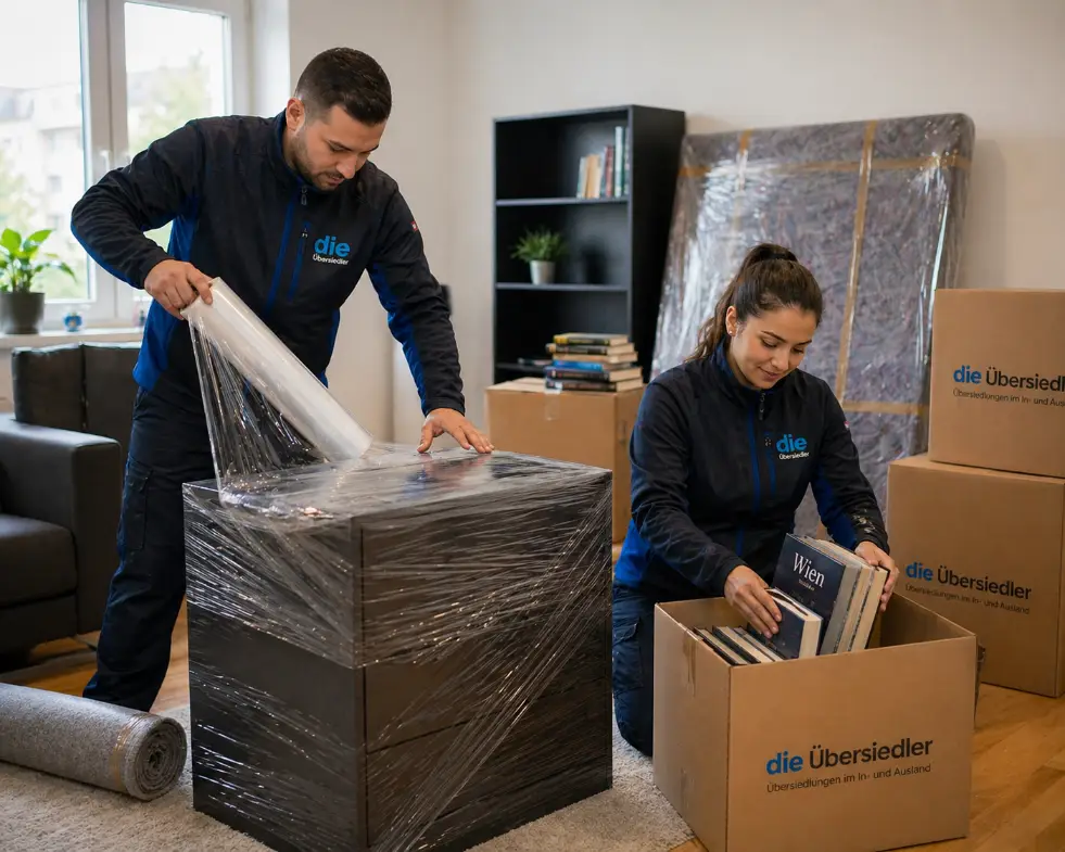 Privatumzug — Möbelpacker verpacken Möbel und Bücher